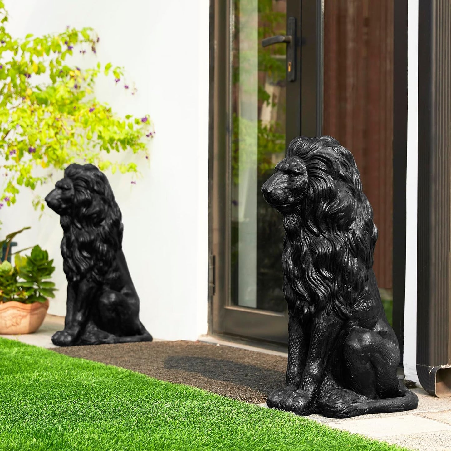 Glitzhome Guardian Sitting Lion Garden Statue MGO Outdoor Decoration, 27.75" H, Black