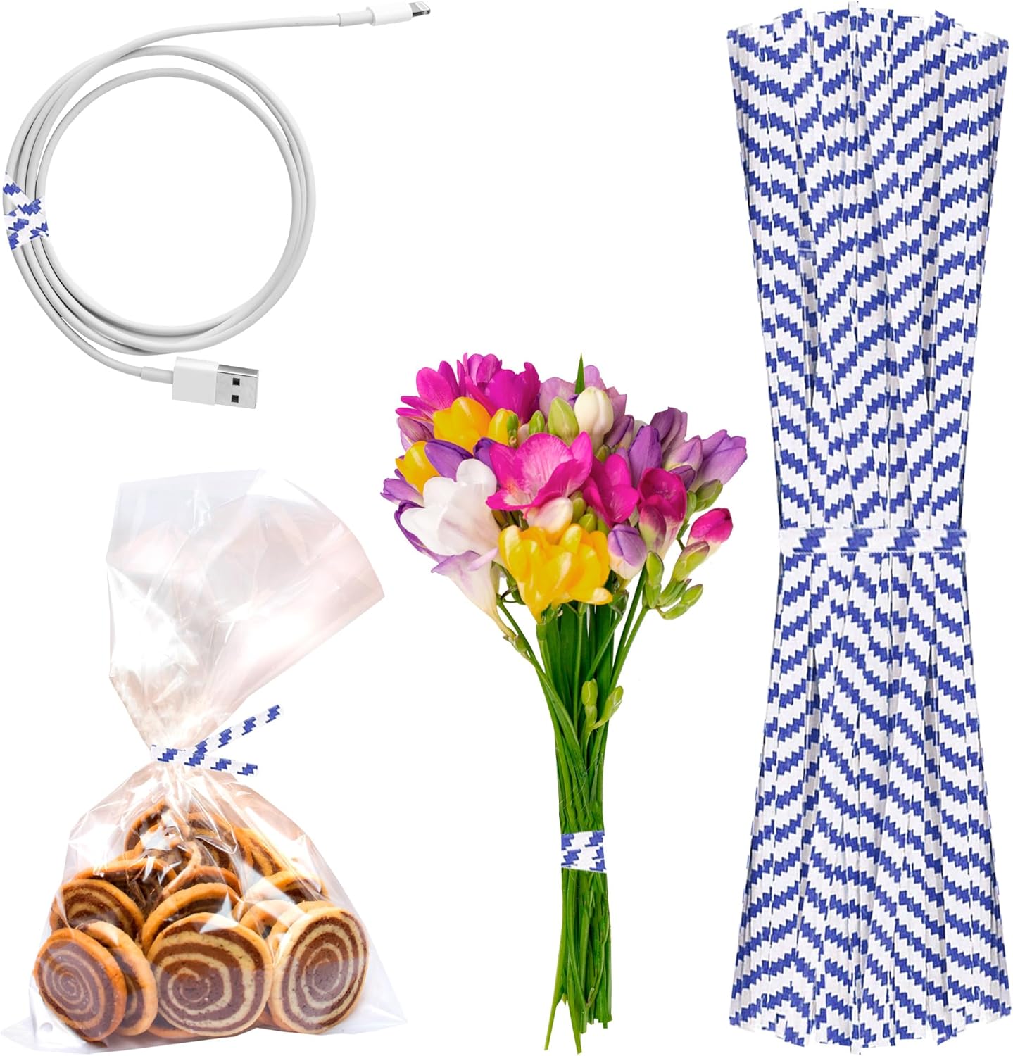 APQ Blue and White Metallic Twist Ties for Bags, 4 inches. 24000 Pack Plastic-Coated Bread Twist Ties for Treat Bags. Reusable Bread Tie. Light Metallic Twist Tie. Heavy-Duty Twisty Ties for Bags