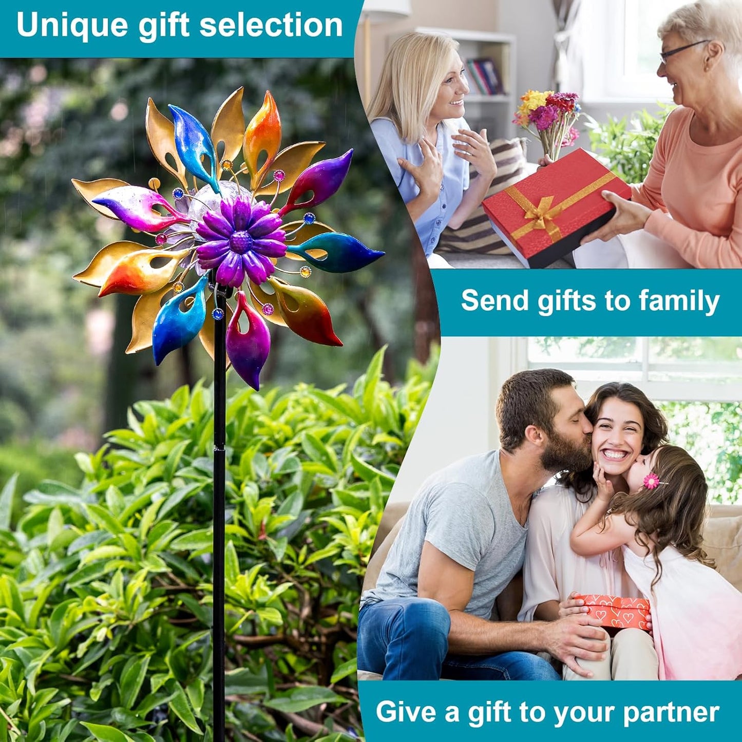 360° Wind Spinners Outdoor with Solar Lights Colored Petals Garden Decor Yard Lawn Art Decor for Patio Kinetic Flower Windmills Unique Gifts for Friends and Family 60.63'' H x 13.38'' Dia
