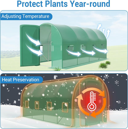 15x7x7 ft Walk-in Tunnel Greenhouse for Outdoor Gardening - Heavy Duty Galvanized Steel Hoop House with Green PE Cover, A Swing Door & 8 Vent Windows, Plant Protection & Year-Round Growing