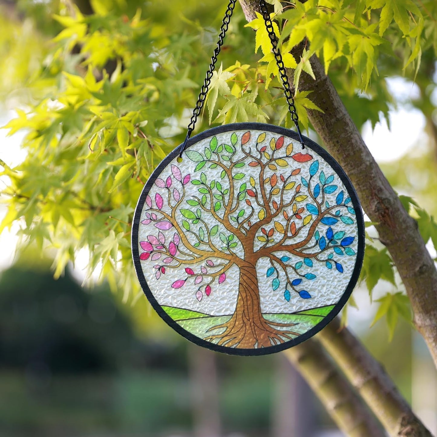 Kanpura Tree of Life Stained Glass Suncatcher Colorful Leaves Suncatchers for Window Hanging Stained Glass Panel Decor for Women (6.3 Inch)