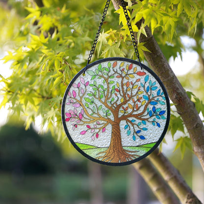 Kanpura Tree of Life Stained Glass Suncatcher Colorful Leaves Suncatchers for Window Hanging Stained Glass Panel Decor for Women (6.3 Inch)