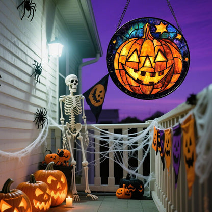 Stained Glass Window Hanging Halloween Horror Golden Pumpkin 11.8" - Suncatcher Door Garden Sunroom Gothic Style Sun Catcher Birthday for Friend Mom Men Woman Nana