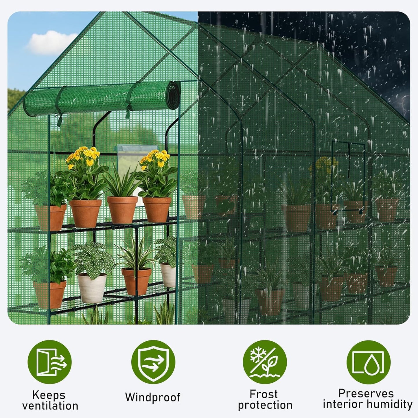 Outvita Walk-in Greenhouse, Outdoor Durable PE Plant Green House for Frost Protection with 3 Tiers 12 Shelves, Shelf Clips, Roll-up Zipper Door, 56"x85"x77" Green