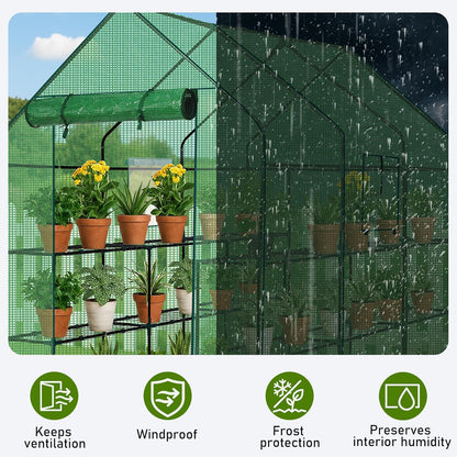 Outvita Walk-in Greenhouse, Outdoor Durable PE Plant Green House for Frost Protection with 3 Tiers 12 Shelves, Shelf Clips, Roll-up Zipper Door, 56"x85"x77" Green