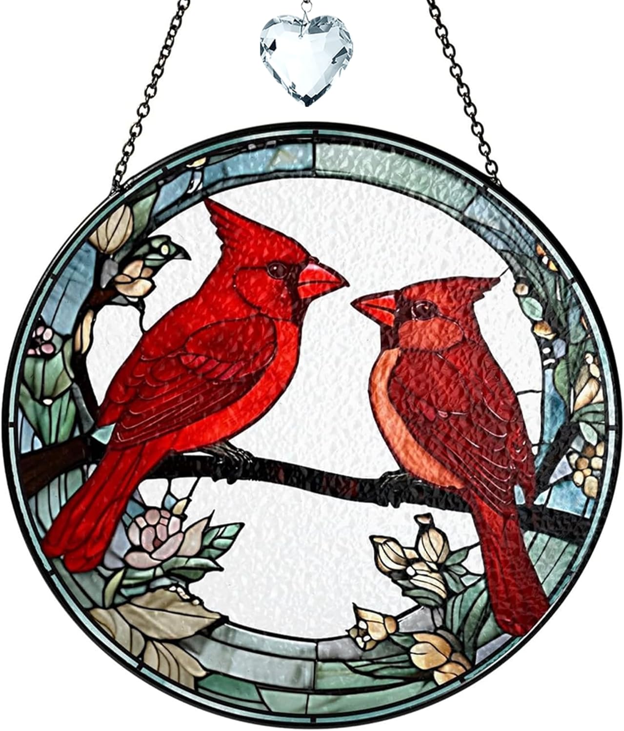 Cardinal Birds Stained Glass Suncatchers Art Glass Birds and Flowers for Sun Catcher Indoor Window Gifts for Pet Animal Nature Floral Lovers Women Grandma Mom Friend Painted Panel Décor