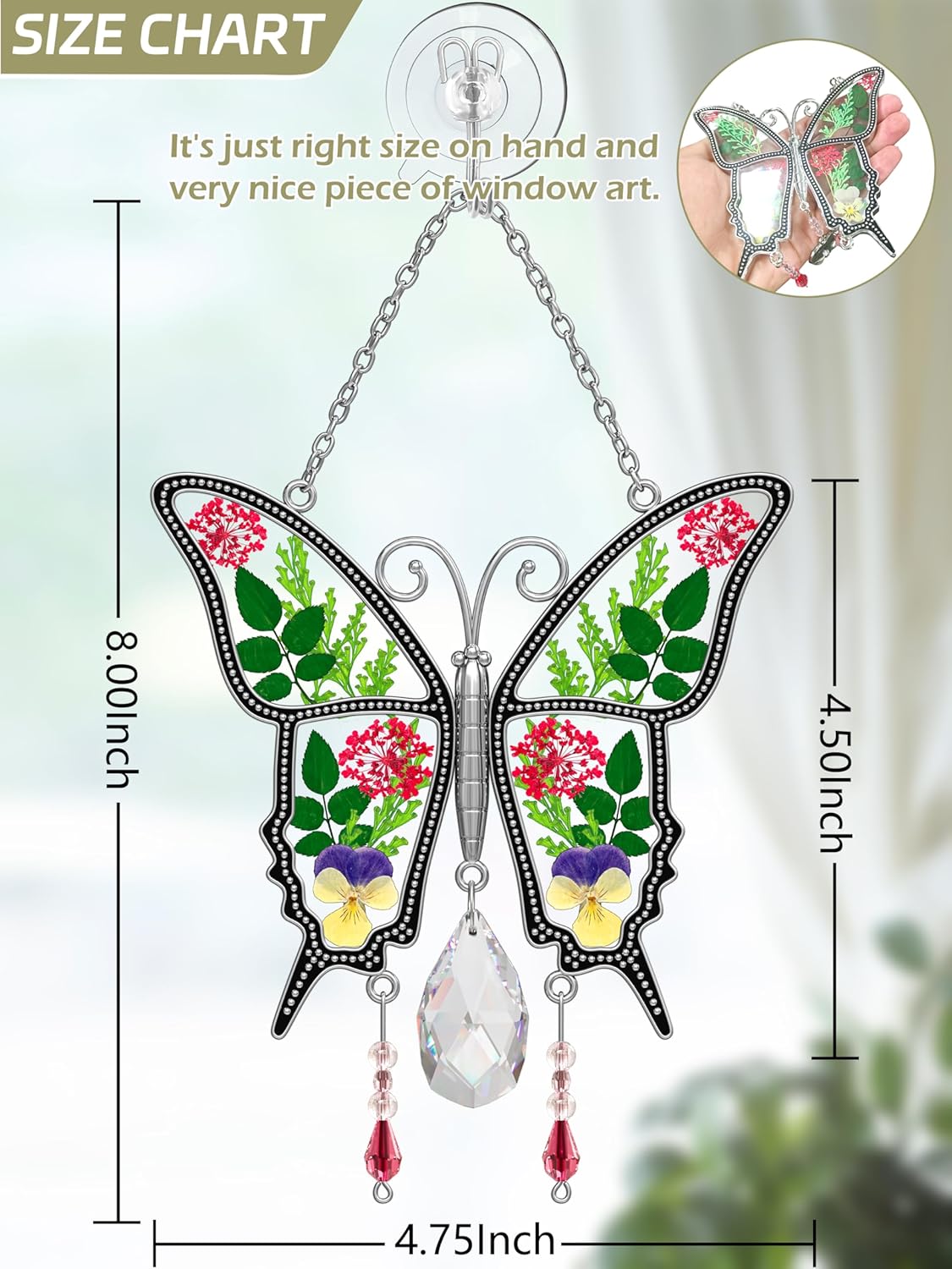 KY&BOSAM Butterfly Suncatcher for Windows Stained Glass Crystal Wind Chimes with Metal Charms Colorful Rainbow Prisms Garden Decor for Mom/Grandma, Christmas Wedding Gifts 8" Hanging Ornaments