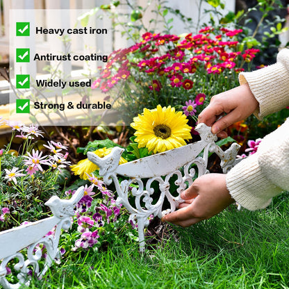 Sungmor Decorative Cast Iron Garden Edging Border, 4 Pack White Landscape Edging Low Picket Fence, 9.9inch Tall Outdoor Flower Bed Lawn Fence Panels, Vintage Metal Yard Decor Stakes