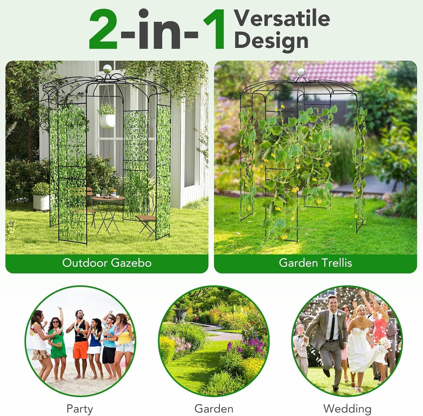 Happygrill Birdcage Shape Garden Arbor, 9.4 x 6.8FT Heavy Duty Gazebo with Hanging Hook for Climbing Plants, Outdoor Arch Pergola Pavilion for Wedding Party Ceremony Decoration