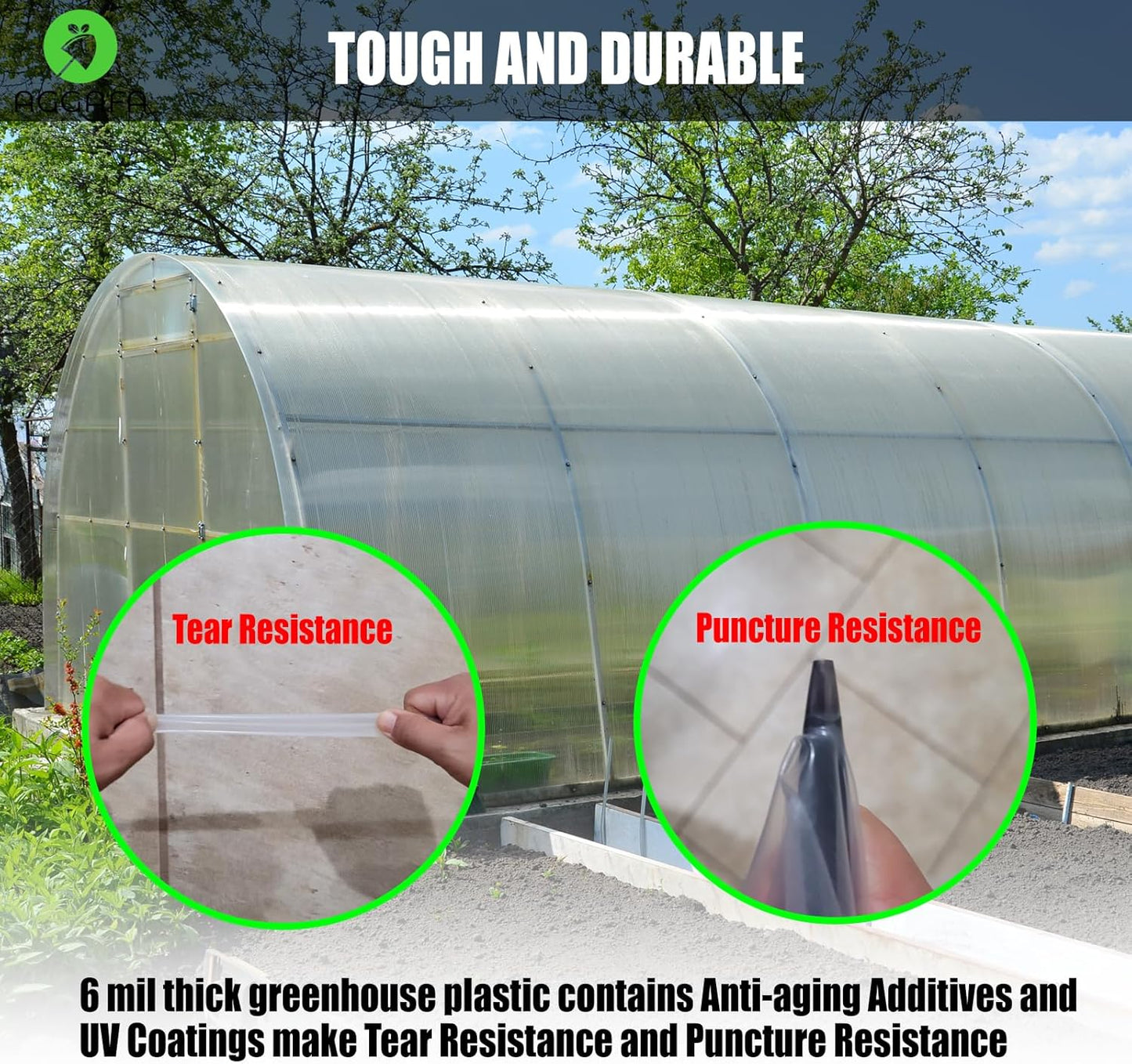 6 mil (8ft x 25ft) 100% Virgin Material. 5Layers Advanced Extrusion Technology for UV Protection, Anti-drip, Anti-Fog, Thermal and Strength. 4Years Lifetime UV Resistant Greenhouse Plastic