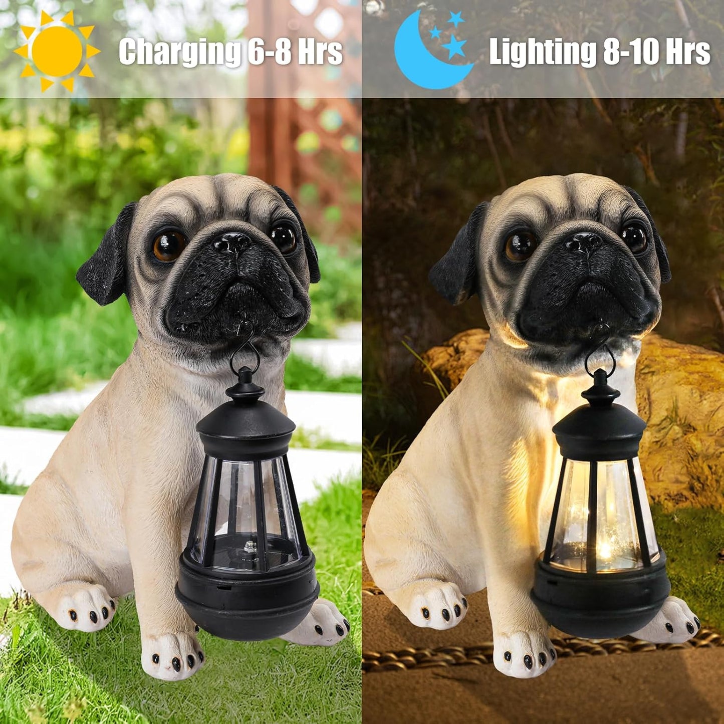 Garden Dog Statues Outdoor Decor, Solar Lights Outdoor Pug Figurines Solar Dog Ornaments for Patio, Lawn, Yard Art Decoration, Housewarming Garden Gift
