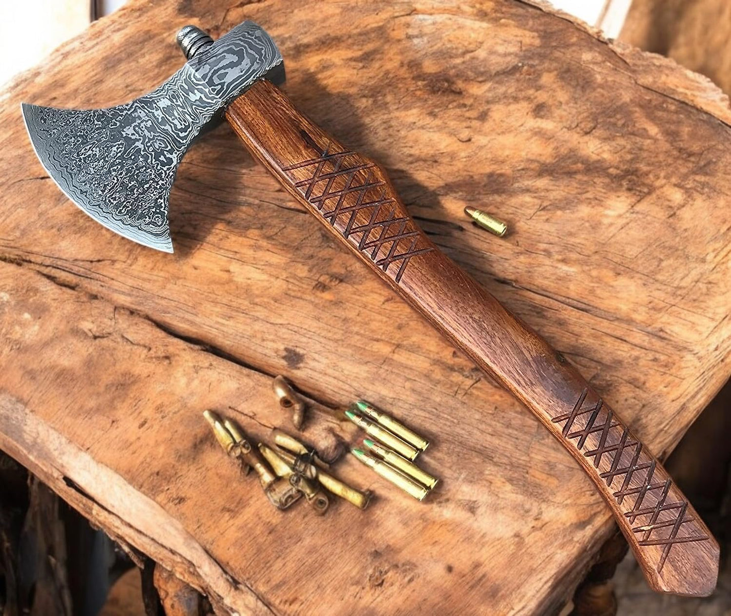 AX-7000 Custom Gift Forged Damascus Steel Vintage Axe with Rose Wood Shaft, Viking Bearded Camping Axe (AX-7000) (AX-8194)