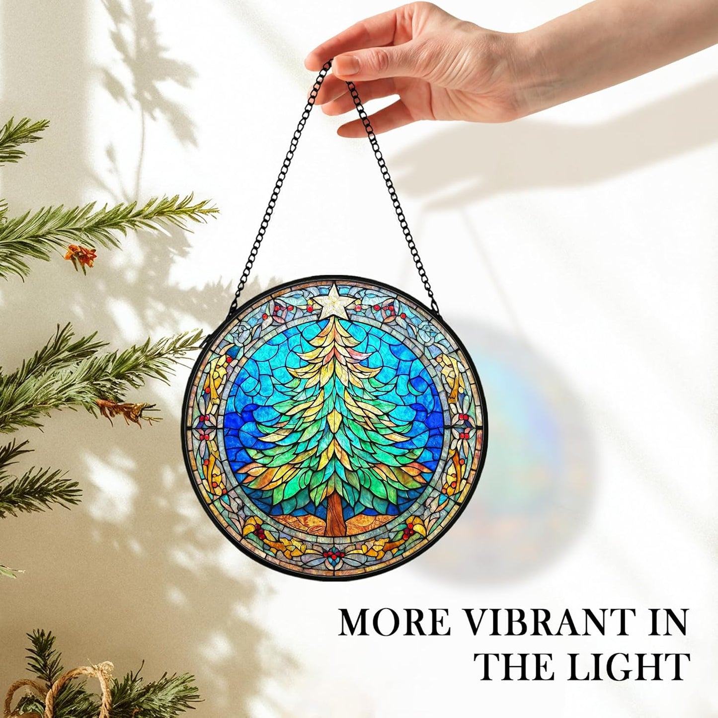 Christmas Tree Suncatcher Stained Glass Window Hanging Decor, Winter Xmas Tree Stained Glass Wall Decor, Christmas Garden Sun Catchers Indoor Window Hanging Wall Art Lawn, 7.9x7.9 Inch