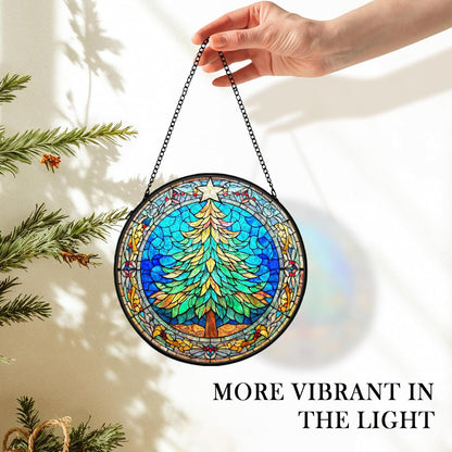 Christmas Tree Suncatcher Stained Glass Window Hanging Decor, Winter Xmas Tree Stained Glass Wall Decor, Christmas Garden Sun Catchers Indoor Window Hanging Wall Art Lawn, 7.9x7.9 Inch