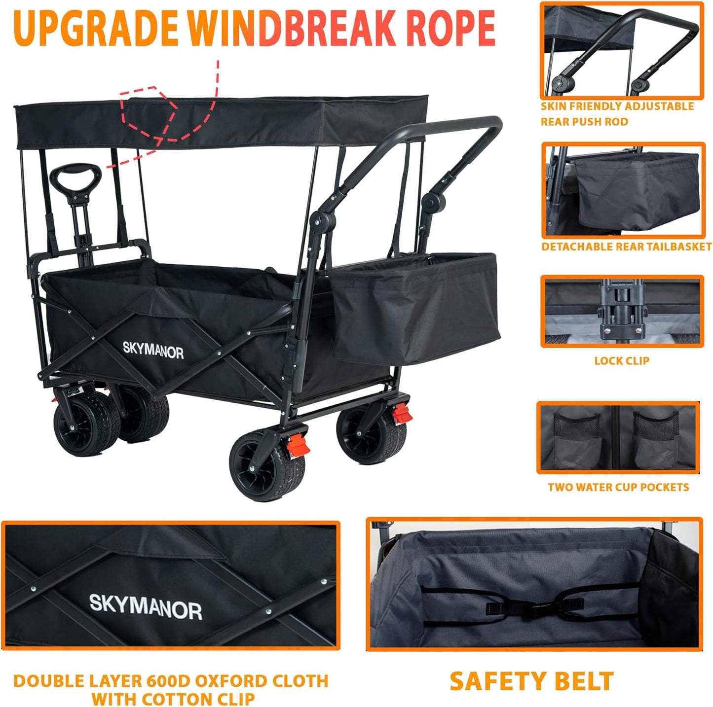 SKYMANOR Collapsible Wagon Folding Garden Cart with Removable Canopy Utility Wagon Cart with All-Terrain Wheels Brake Beach Cart for Sand Heavy Duty Beach Wagon for Camping Shopping (Black)
