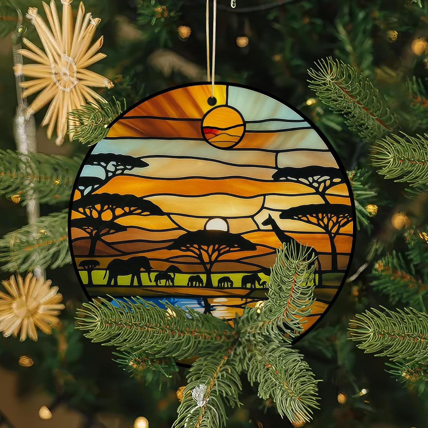 Acrylic Stained Glass Suncatcher Ornament – African Safari Sunset with Giraffes Elephants Trees – 4 Inch Acrylic Window Hanging Boho Home Décor Gift for Animal Lovers, Christmas Tree, (Sun-31)