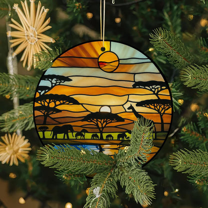 Acrylic Stained Glass Suncatcher Ornament – African Safari Sunset with Giraffes Elephants Trees – 4 Inch Acrylic Window Hanging Boho Home Décor Gift for Animal Lovers, Christmas Tree, (Sun-31)