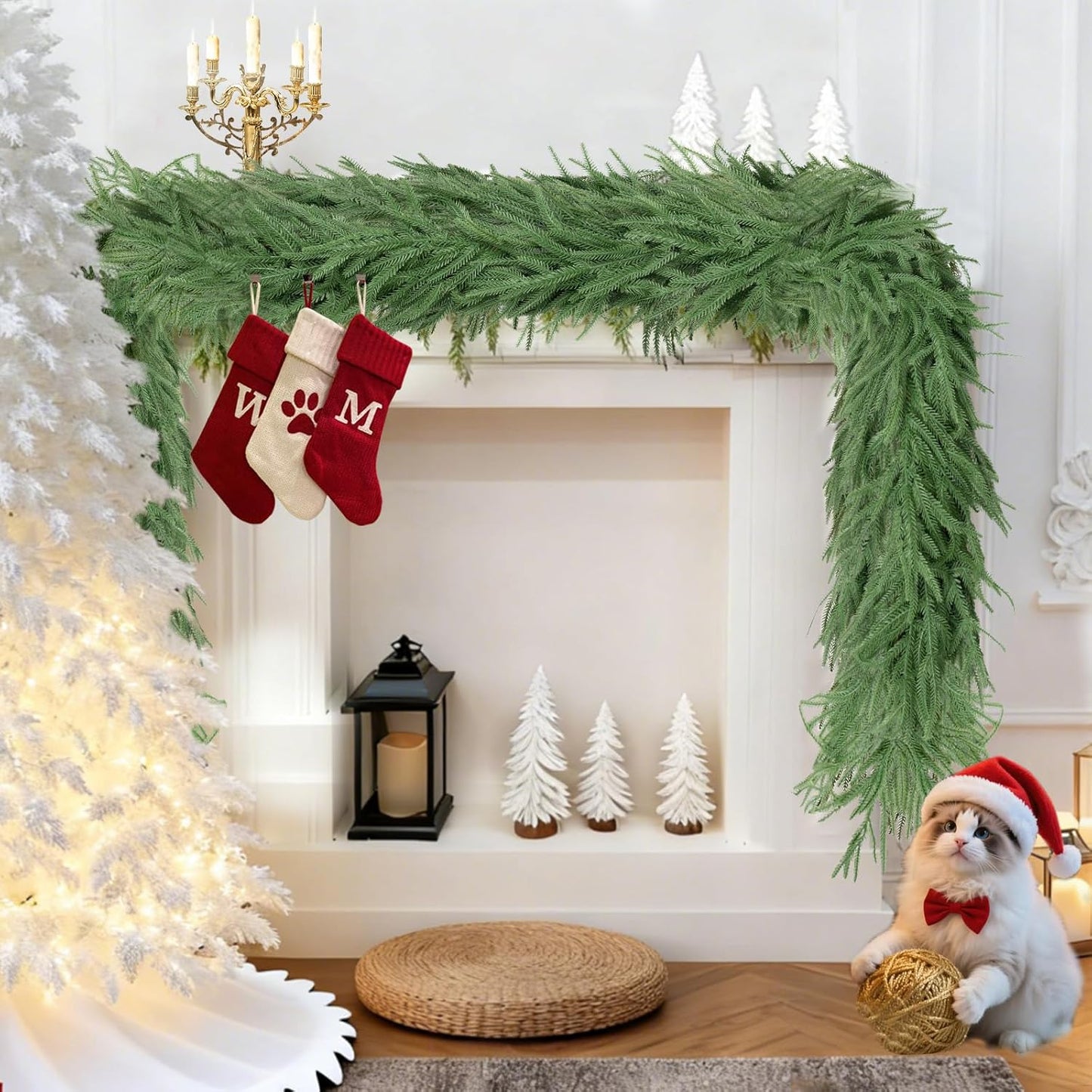 2 Pcs 6 Ft Artificial Norfolk Pine Garlands, Real Touch Winter Pine Garland, Green Artificial Greenery Garland for Table, Mantle, Wall, Indoor, Outdoor Christmas Decorations (2, 6 FT)