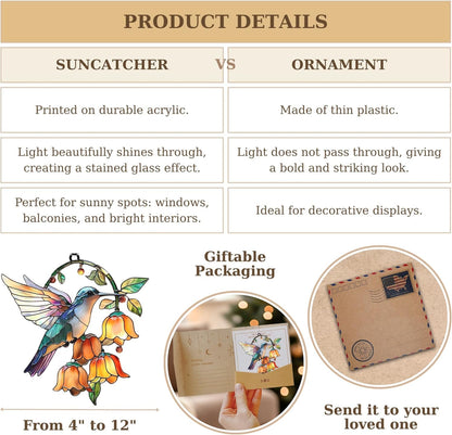 Hummingbird with Flower Acrylic Suncatcher Stained Glass Effect Window Car Hanging Christmas Ornament Indoor Outdoor Decor Garden Sun Catcher Panel for Bird Lover for Women Mom Grandma