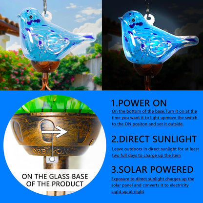 Solar Glass Bird Shape Wind Chimes, LED, Outdoor Glass and Metal Decoration for Lawn and Patio, 7 x 4 x 44 inches (Light Blue)