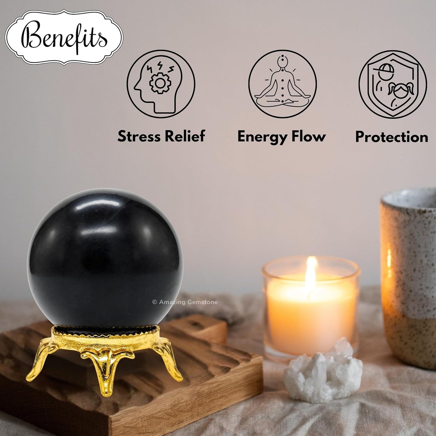 Amazing Gemstone Shungite Crystal Ball with Stand - 2 Inches Crystal Sphere Meditation Balls for Witchcraft and Decorative Balls