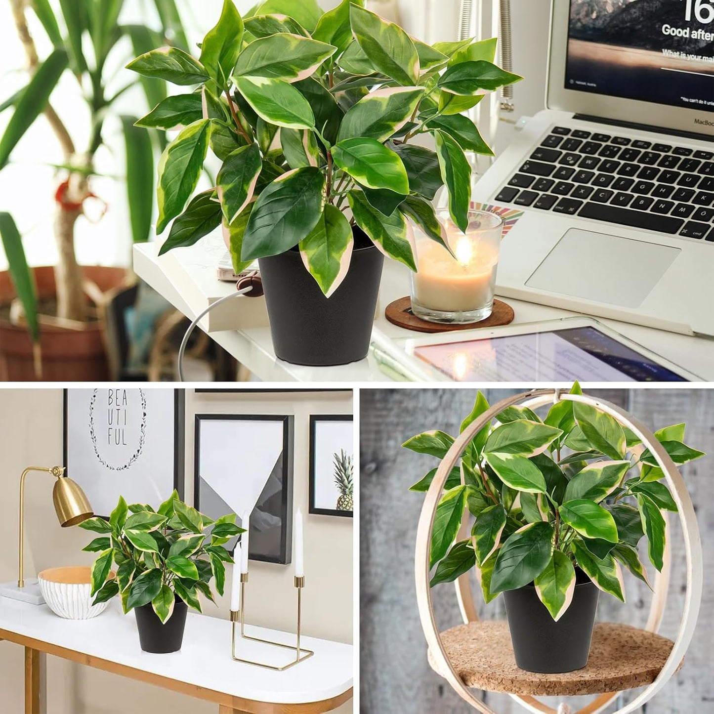 Artificial Plants Indoor Small Fake Plants in Pots Faux Pothos N‘ Joy Potted Plant Fake Indoor Plants with Black Pots for Bathroom Living Room Office Desk Shelves
