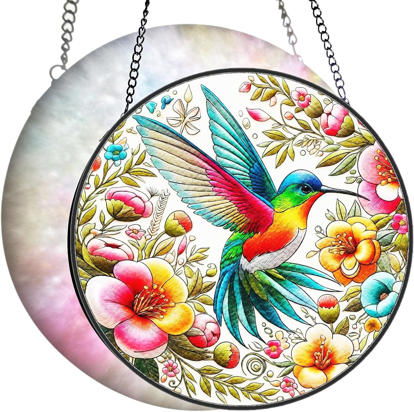 Hummingbird Suncatcher Stained Glass Window Hanging Original Design of 7.8''Hummingbirds Flowers for Sun Catchers Indoor Window Wall Art Home Decor Gift Painted Glass Panel