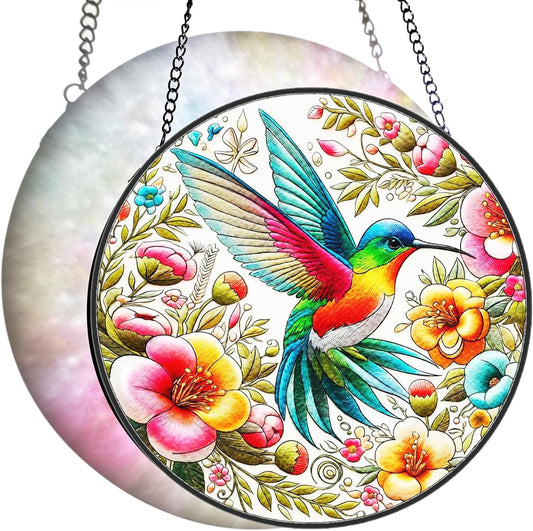 Hummingbird Suncatcher Stained Glass Window Hanging Original Design of 7.8''Hummingbirds Flowers