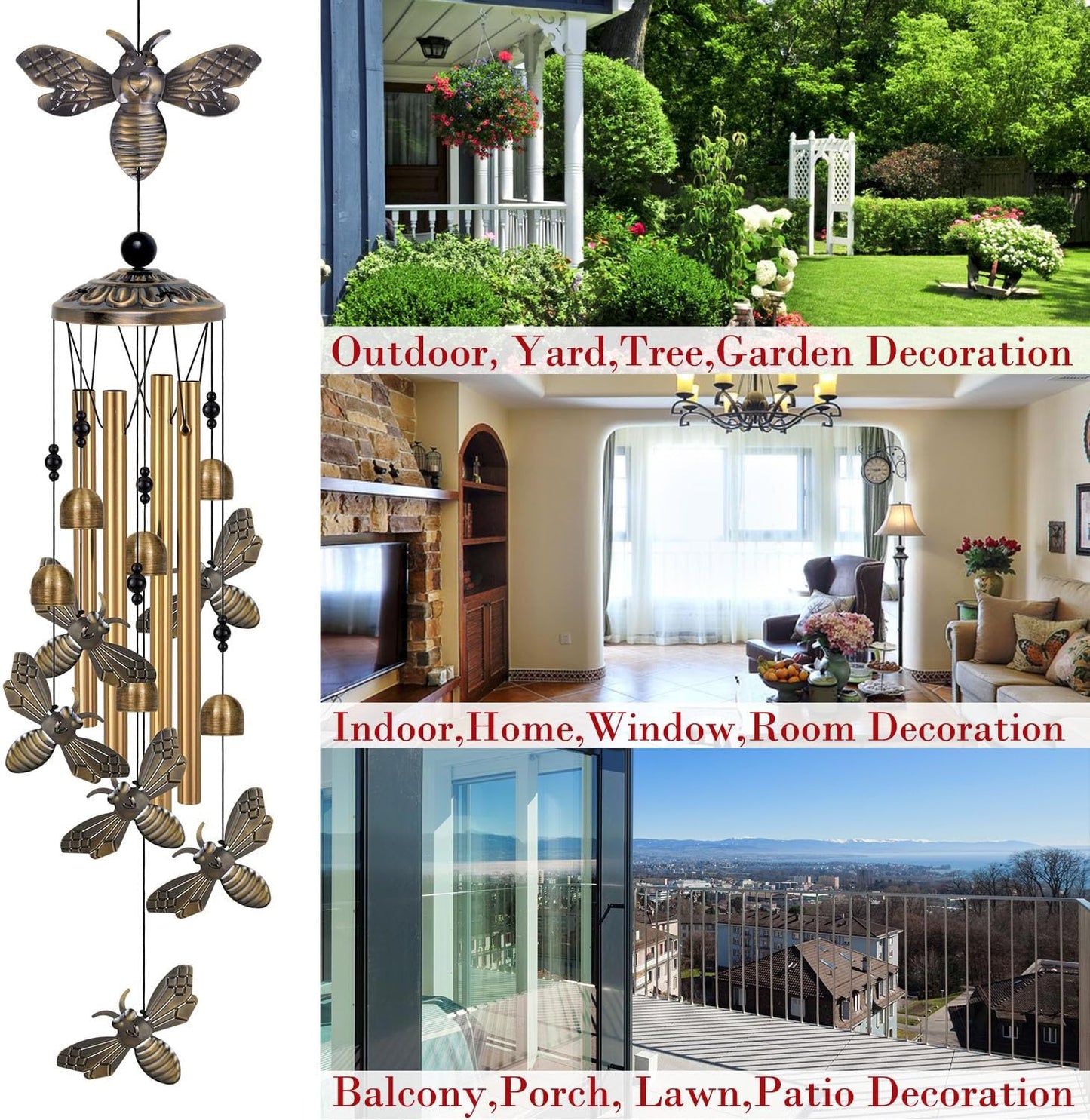 Bronze Bee Wind Chimes Decor, Mobile Blessing Wind Bells Decorate, Sympathy Wind Catcher, Memorial Gifts for Mom,Grandma,Woman (Housewarming/Outside/Indoor/Home/Room/Porch/Yard/Garden Decoration)