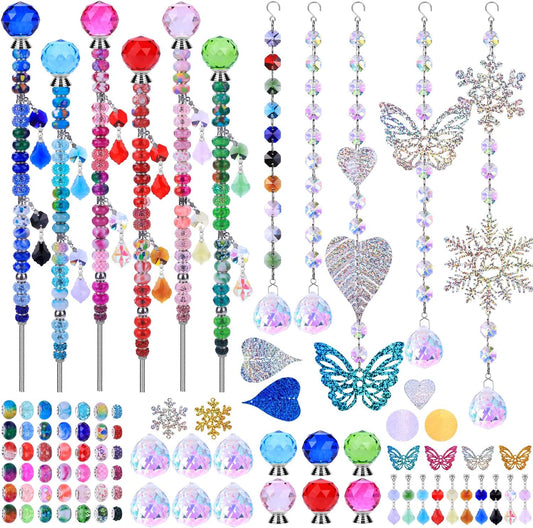 VICTLOV Crystal Suncatcher Making Kit, 340 Pieces with Beads, Snowflakes, Butterflies, Glass Balls for Garden Decoration, DIY Outdoor Hanging Ornaments (340Pcs Crystal Ball+Pendant)