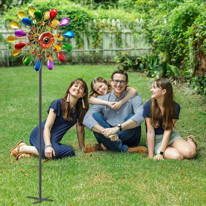 64 inch Garden Wind Spinner, Outdoor Wind Sculpture with 5 Prong Base Stand, Metal Windmill for Lawn Yard Outdoor Art Decorations (B-Colorful)