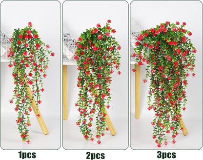 RECUTMS Artificial Hanging Plants Fake Hanging Vine Flowers Fake Plants Faux Hanging Plants Outdoor Faux Eucalyptus Leaf Greenery Wall Indoor Room Wall Wedding Patio Porch Decor(Red)