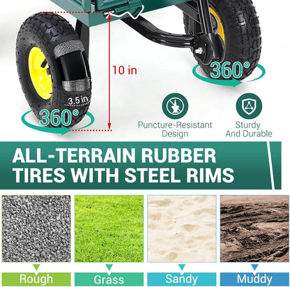 550 Lbs Steel Garden Cart. Heavy Duty Metal Garden Wagon with 10" Wheels, Pullable Metal Garden Wagon w 180° Rotating Handle and Removable Sides for Farm, Yard,
