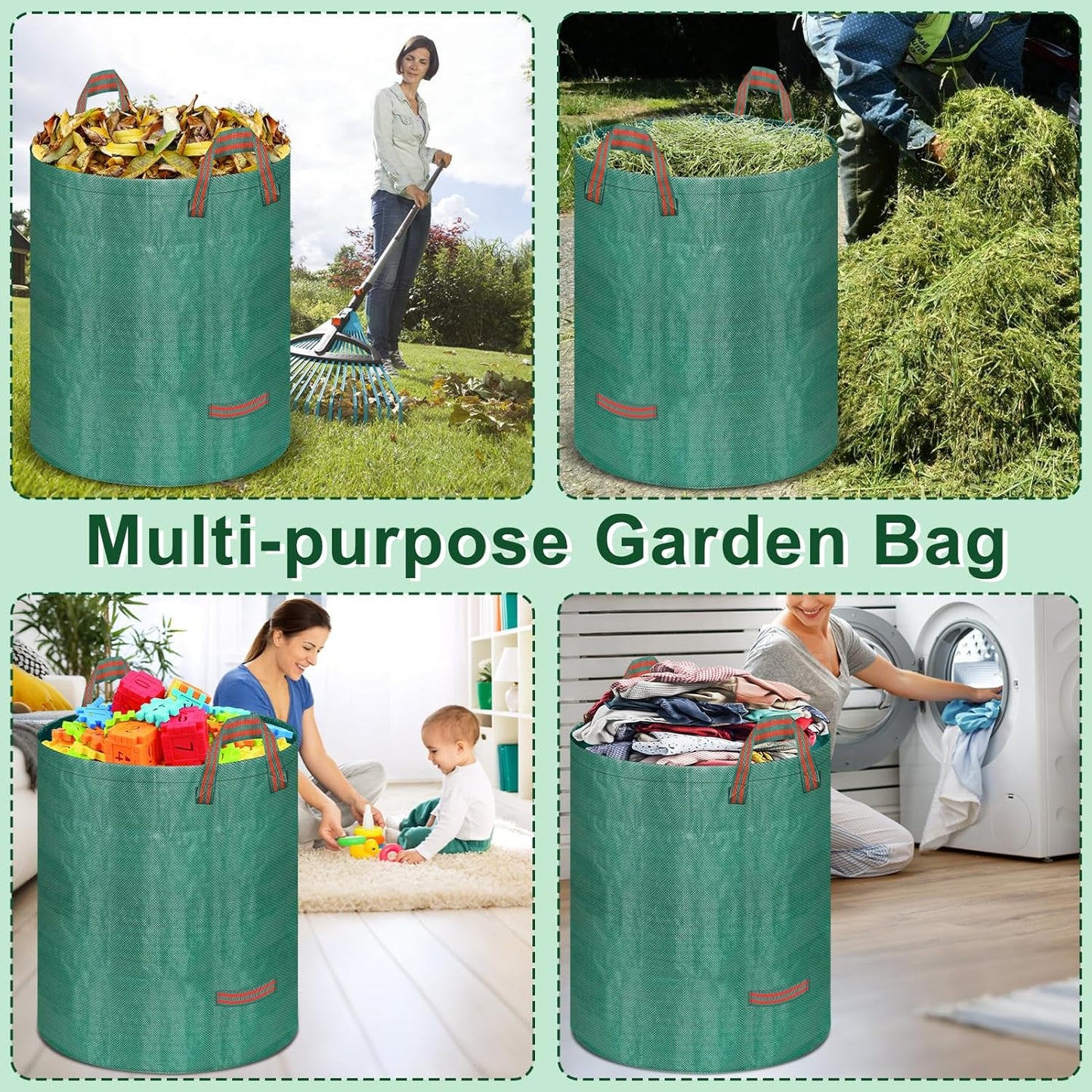 Remiawy Reusable Yard Waste Bags, 4 Packs 32 Gallons Lawn and Leaf Garden Bags Heavy Duty with 4 Handles, Collapsible Yard Waste Containers Camping Yard Recycling Bin for Debris Leaves Grass Clippings