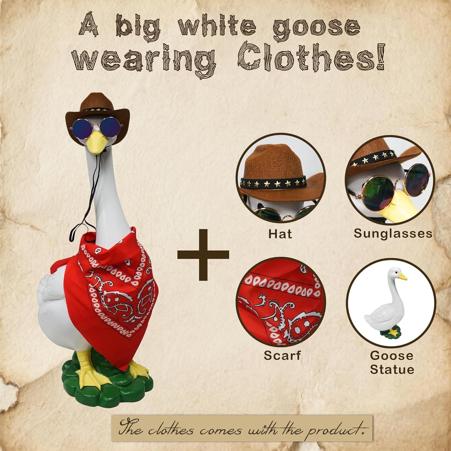 Porch Goose Statues with Outfits, 20 "Large Goose Porch Figurine Decor, Funny Porch Goose Decoration Set, Goose Outfit with Cowboy Hat and Glasses Red Scarf,for Outdoor Garden Yard Housewarming Gifts