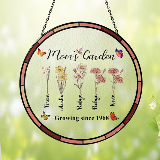 NAZENTI Personalized Mom's Garden Stained Glass Suncatcher with Birth Month Flowers, Custom
