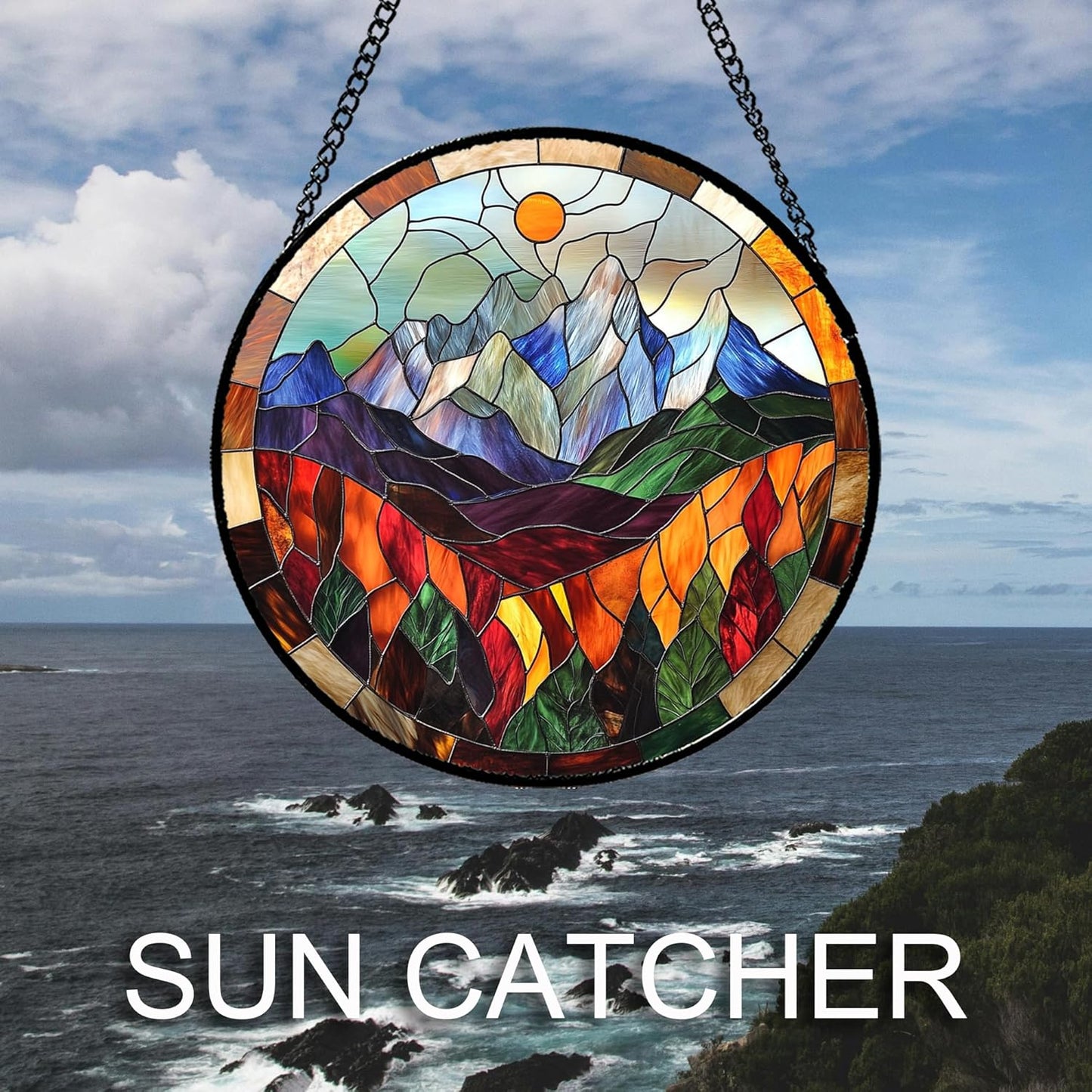 Stained Glass Window Hanging Orange Sun Colorful Mountains Landscape 9.8" - Suncatcher Door Garden Sun Catcher Home Decor Birthday Christmas for Mom Men Woman Friend