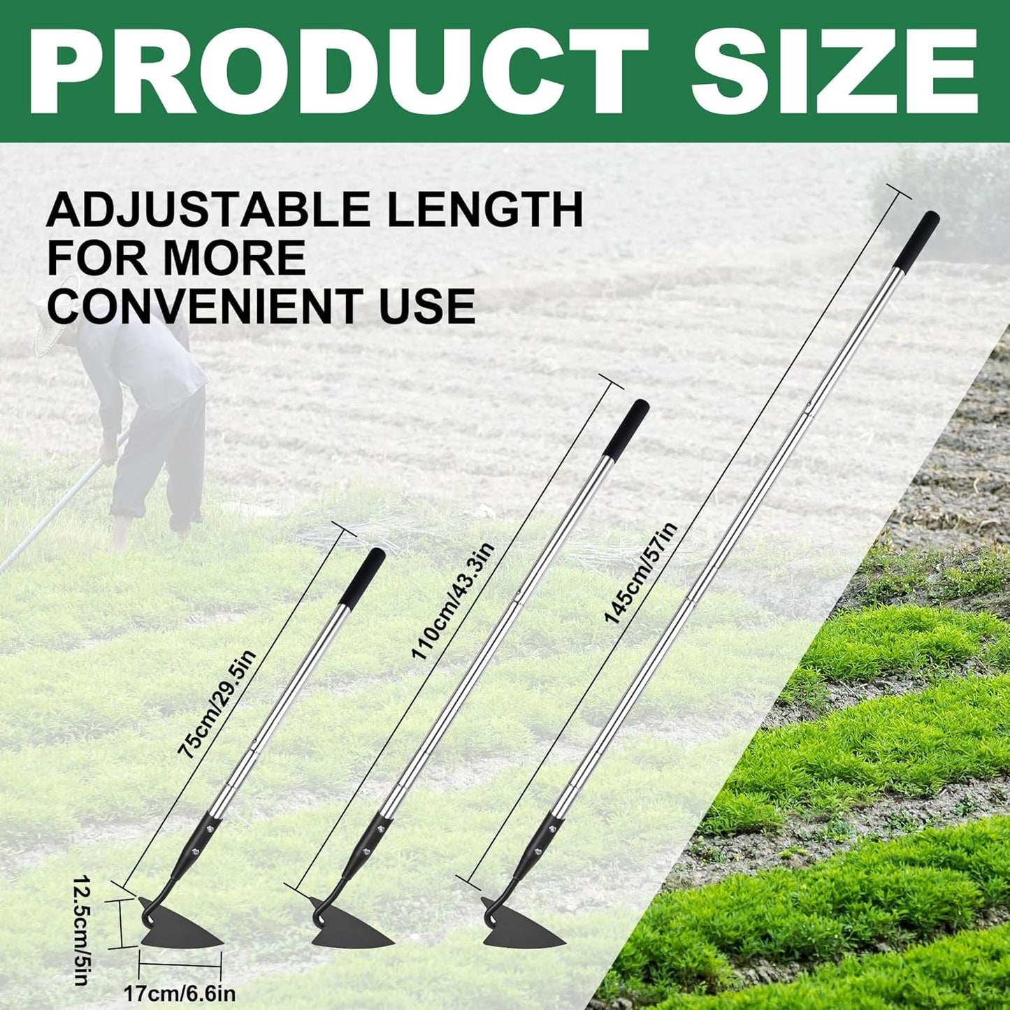 Warren Hoe, Carbon Steel Triangle Garden Hoe with Stainless Steel 57" Adjustable Long Handle, Heavy Duty Gardening Hand Tools Hoe for Ridging Weeding Digging Loosening Edging Soil, balck
