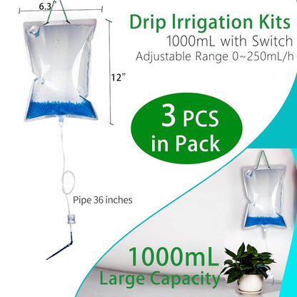 1L Plant Self Watering Bags with Adjustable Flow Regulators, Compact Automatic Drip Irrigation Kits, Indoor Plant Watering System for Small Potted Plants, Vacation Plant Care Essentials, 3Pcs