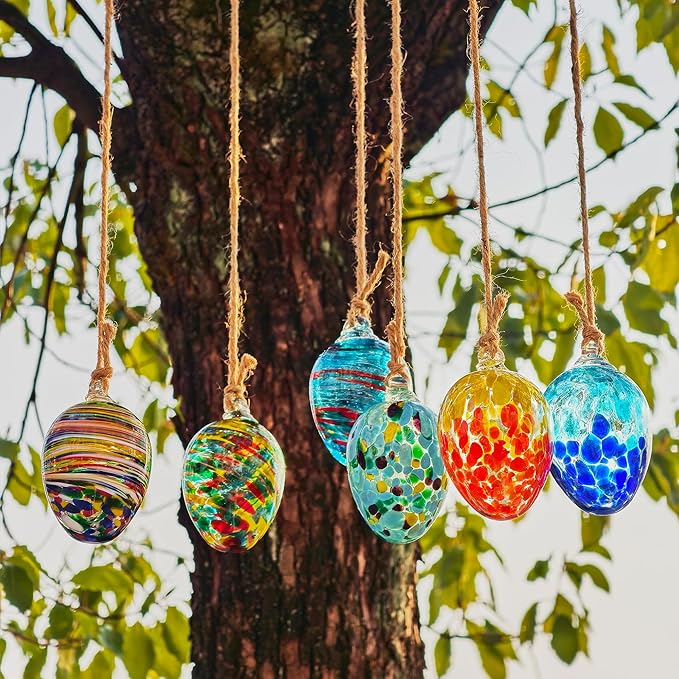 6pcs Decorative Hanging Christmas Balls Ornaments Garden Gazing Ball Hand Blown Glass Egg Ball for Outdoor Patio Décor Hanging Friendship Balls Collectible Figurine Glass Eggs