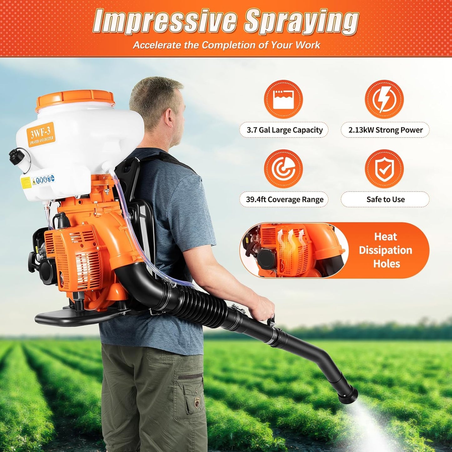 2-Stroke Backpack Fogger Agricultural 41.5CC Mister Duster Backpack 14L/3.7gal Gas Fogger Sprayer Blower 7500r/min