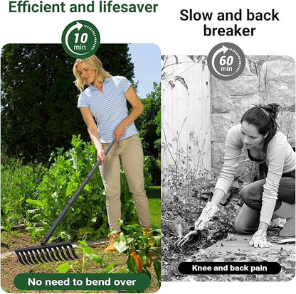 Garden Metal Bow Rake with 60 Inch Long Adjustable Handle,17 Inch Wide Heavy Duty Yard Thatch Rock Rakes for Gardening, Lawn Leveling, Loosening Soil, Gathering Grass, Gravel, Mulch, Leaves