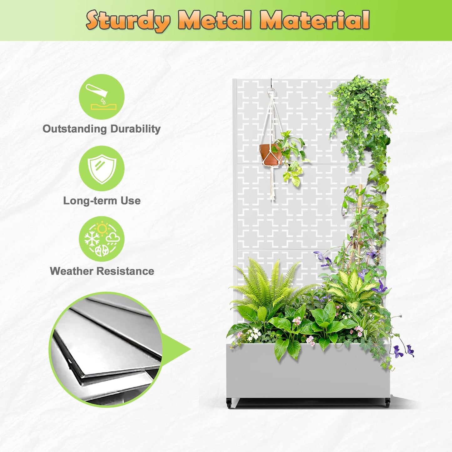 Metal Raised Garden Bed with Trellis, 2-in-1 Planter Box & Privacy Screen for Climbing Plants, Outdoor Standing Flower Bed with Drainage Holes, 35.4" L x 15.7" W x 70.1" H, White-Square