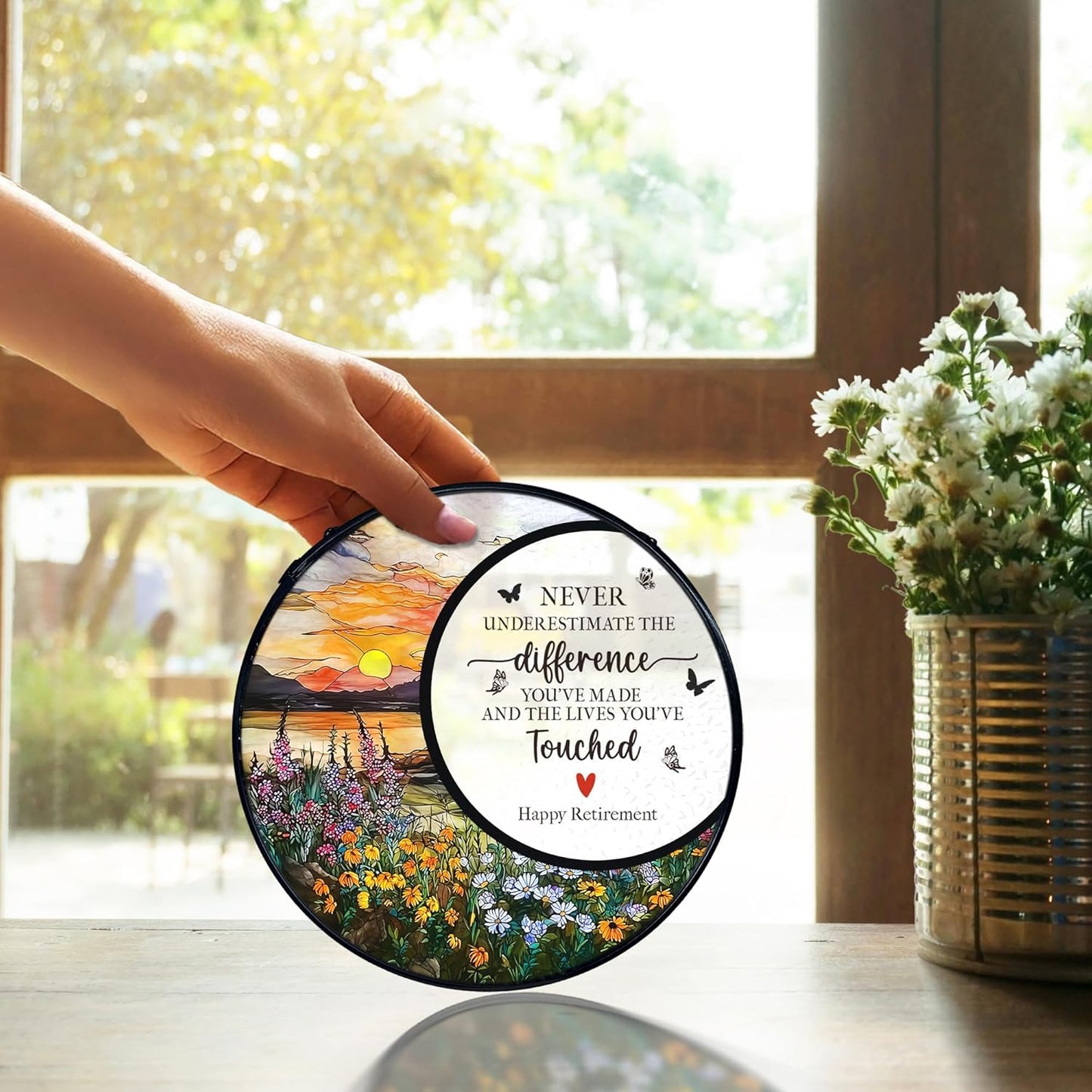 TNUW Retirement Gifts Flower Stained Glass Window Hanging, Difference Maker Gift Sun Catchers Indoor Window Glass Round Wall Art Decor, Retired Gifts for Woman Wall Hanging Decorations, 7.9＂x7.9＂