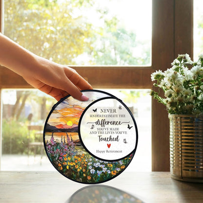 TNUW Retirement Gifts Flower Stained Glass Window Hanging, Difference Maker Gift Sun Catchers Indoor Window Glass Round Wall Art Decor, Retired Gifts for Woman Wall Hanging Decorations, 7.9＂x7.9＂