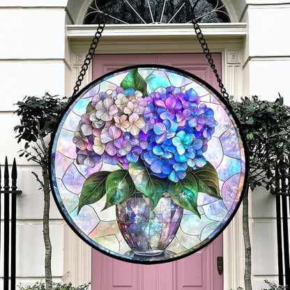 Stained Glass Window Hanging, Blue Purple Hydrangea Flowerpot Suncatcher for Doors Home Sun Catchers Decoration and Christmas, Mother's Day Birthday Gifts for Women, Men, and Mom 9.8 in