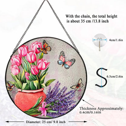Stained Glass Window Hanging, 9.8'' Tulip Lavender Butterfly Sun Catcher Glass Panel for Window Hanging, Suncatcher Decor Christmas for Women Men Mom Aunt
