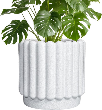 Ceramic Plant Pots - 9.6 Inch Ceramic Planters with Drainage Hole, Round Flower Pots for Indoor Plants, Modern Fluted Large Planter Outdoor, Home Room Decor, Gardening Gifts, White