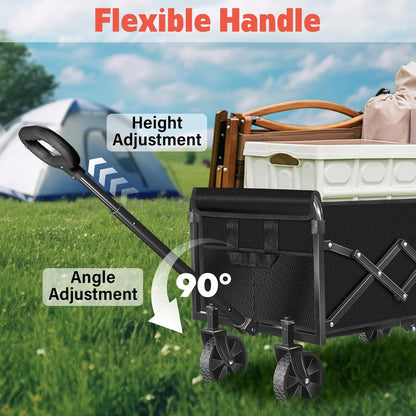 Wagons Carts Foldable,360 lbs Collapsible Wagon with Wheels Foldable Wagon Cart with Flexible Handle,Lightweight Portable Folding Cart for Camping Beach Picinic Grocery Sports Shopping Classic Black