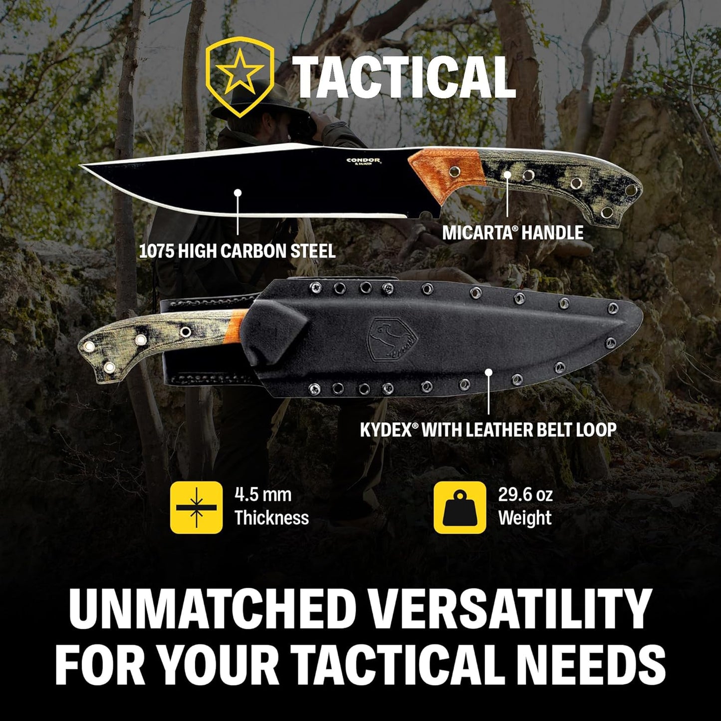 Condor Tool & Knife Atrox Knife | Hunting Knife with Kydex with Leather Belt Loop Sheath | High Carbon Steel Survival Knife with a Micarta Handle | Fixed Blade Tactical Knife | 10.9 in Blade | 29.6oz